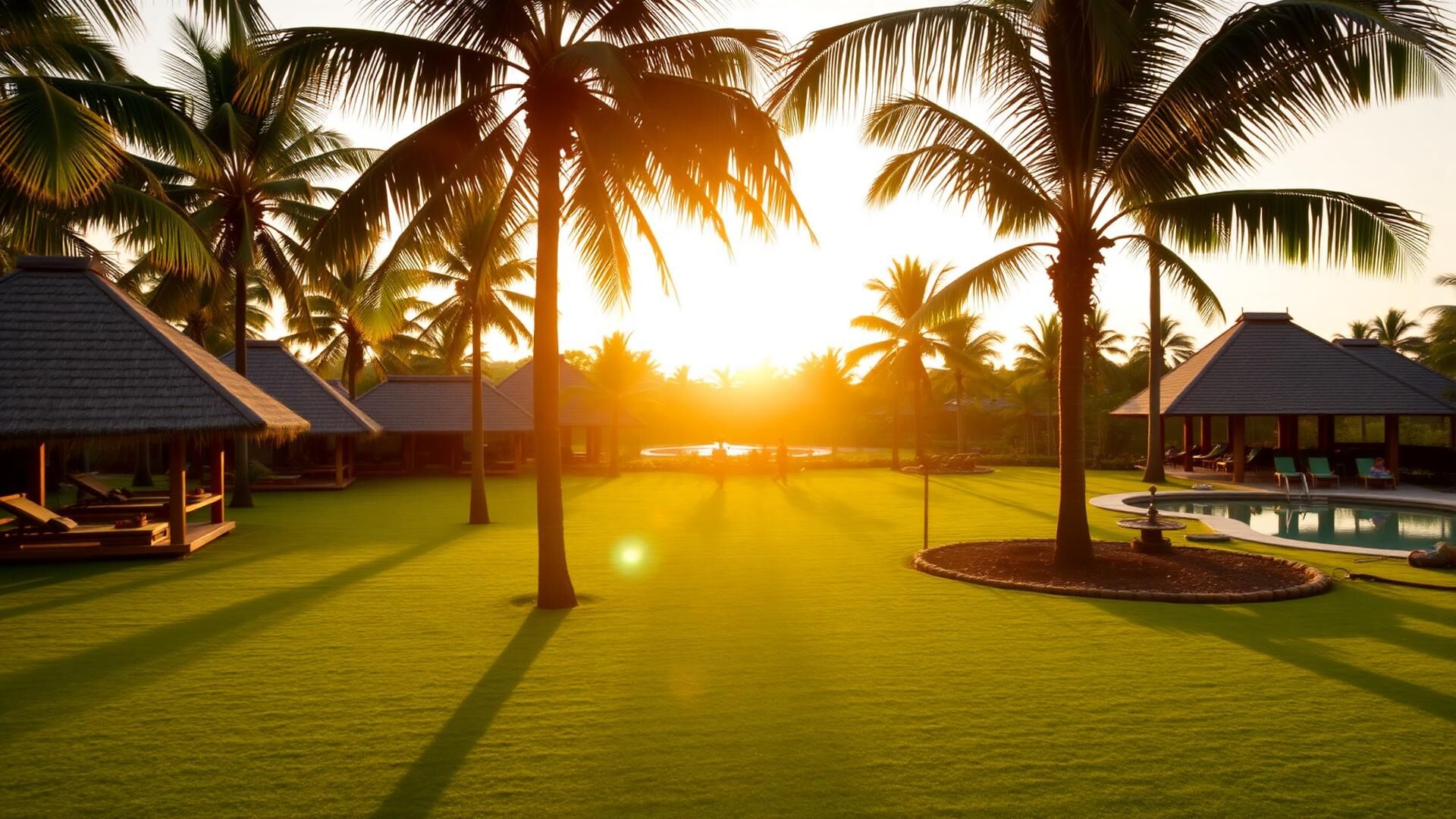 Millionaire Island resort gardens at golden hour